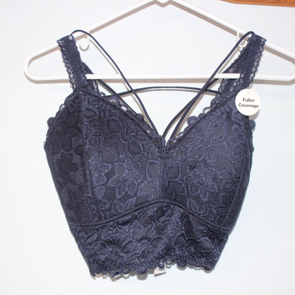 Buckle Navy Blue Lace Full Coverage Bralette Large Strappy Design NWT